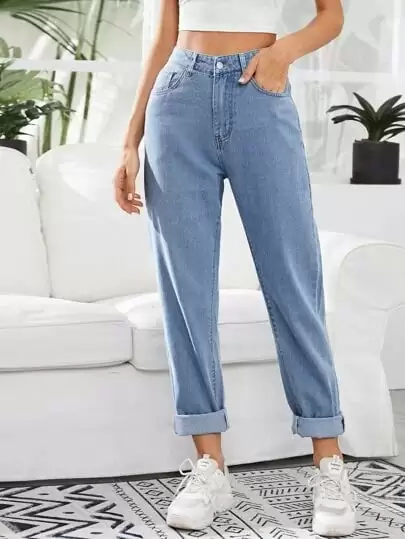 Calça jeans lavagem clara cintura alta